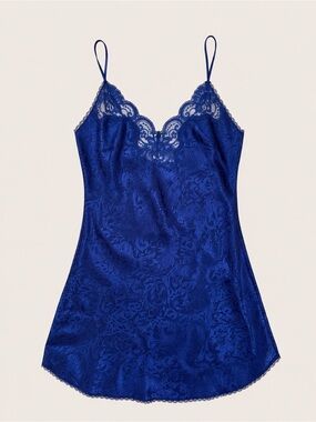 Vintage Deena Satin Lace Slip Dress Chemise – Royal Blue Floral Jacquard – large